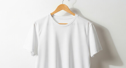 Close-up of a pristine, blank white short-sleeve t-shirt on a simple wooden hanger against a clean, light background, ideal for custom design mockups, apparel branding, or product photography