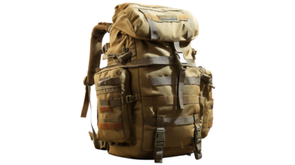 Durable tactical backpack with multiple compartments buckles straps and rugged design suitable for hiking travel adventure or survival gear on white background