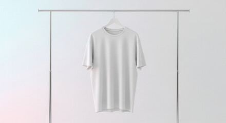 Minimalist pure white blank t-shirt mockup on a sleek hanger and clothes rack, ideal for fashion design and apparel branding display in a bright studio setting