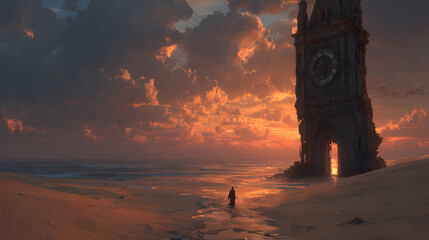 Coastal Tower at Sunset A Solitary Figure in a Dramatic Landscape.