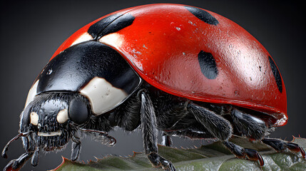 Closeup of a Red Ladybug with Black Spots on a Leaf.