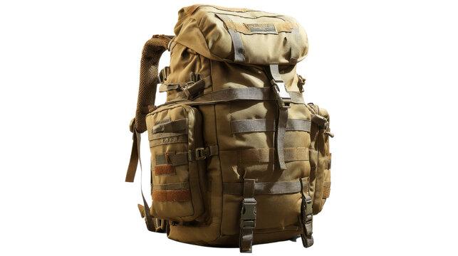 Durable tactical backpack with multiple compartments buckles straps and rugged design suitable for hiking travel adventure or survival gear on white background - Powered by Adobe
