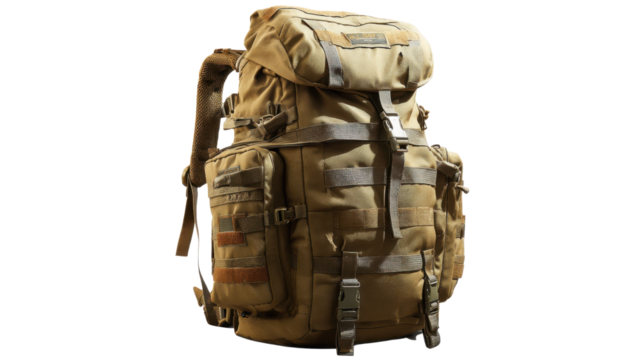 Durable tactical backpack with multiple compartments buckles straps and rugged design suitable for hiking travel adventure or survival gear on white background - Powered by Adobe