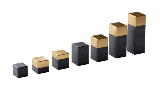 Stacked gold and black cubes arranged in rising bar chart concept symbolizing progress, growth, success and improvement over time on white background