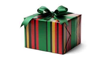 Colorful striped gift box with green ribbon for holidays  