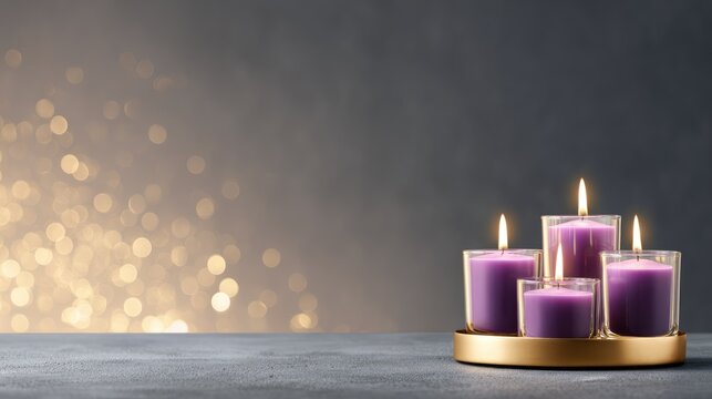 Purple Candles Burning in Golden Holder