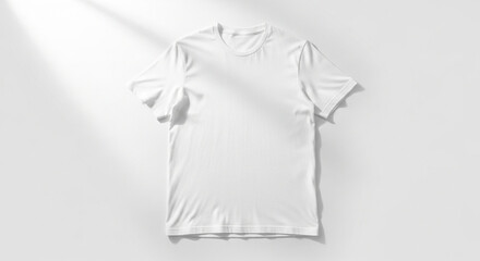 A clean, plain white t-shirt laid flat on a bright white surface with soft shadows.
