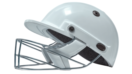High quality protective cricket helmet with metal face guard designed for safety and professional sports equipment detail closeup on white background surface