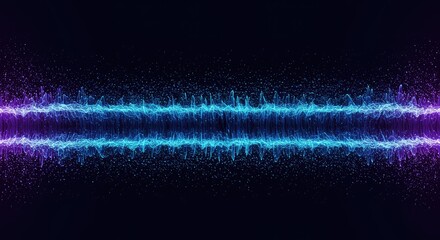 Dynamic visualization of sound frequencies shown as glowing blue and purple particles flowing in complex, abstract data patterns ,computational ,communication ,background