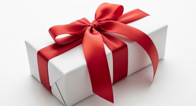White gift box tied with red ribbon on a plain background