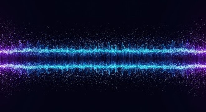 Dynamic visualization of sound frequencies shown as glowing blue and purple particles flowing in complex, abstract data patterns ,computational ,communication ,background