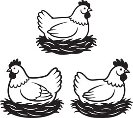 Fototapeta premium Three hens sitting in nests silhouette
