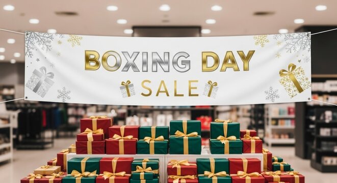 Boxing Day sale banner with wrapped gifts in retail store setting  