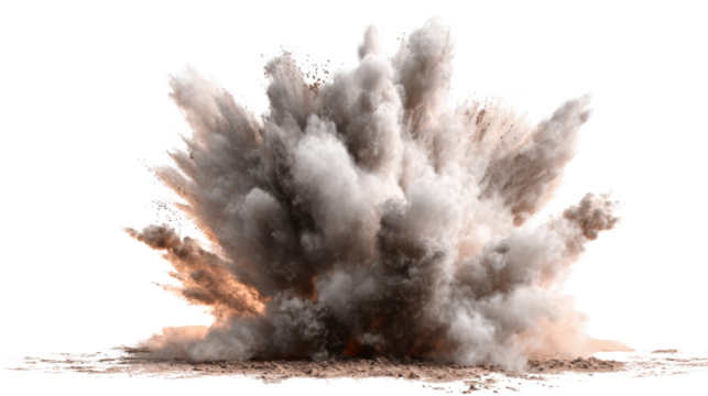 Powerful dust explosion erupting in dynamic burst of debris, smoke and energy showcasing dramatic destructive force and cinematic impact on white background