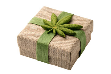 A gift box adorned with a green ribbon and featuring a marijuana leaf, isolated on transparent background
