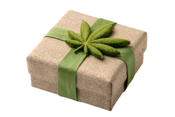 A gift box adorned with a green ribbon and featuring a marijuana leaf, isolated on transparent background