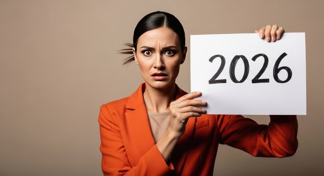 A concerned businesswoman in a bright orange blazer holds a sign for the year 2026 with fear