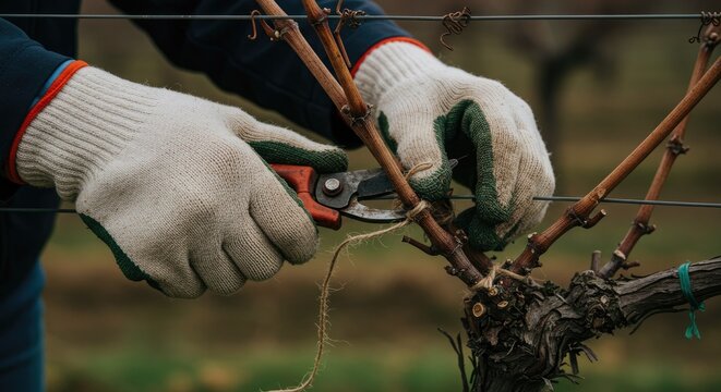 Gloved hands of a farmer using pruning shears to trim grapevines in a winter vineyard