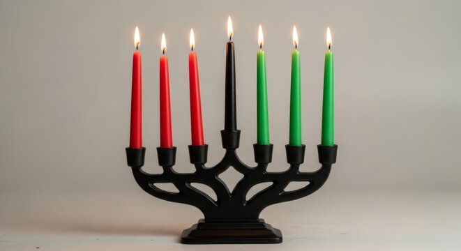 Seven candles in black holder lit for Kwanzaa celebration