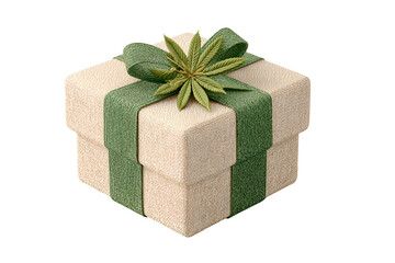 A gift box adorned with a green ribbon and featuring a marijuana leaf, isolated on transparent background