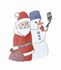 Santa Claus with a sack of presents and a snowman take a selfie. Watercolor illustration on white background