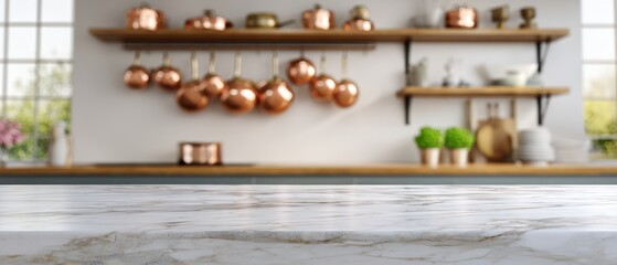 Kitchen interior with copper pots and marble counter