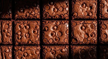 Freshly baked chocolate chip brownies in a grid pattern. Top down view of decadent fudgy squares. Rich chocolate dessert for a bakery menu. Homemade confectionery and sweet treat recipe concept