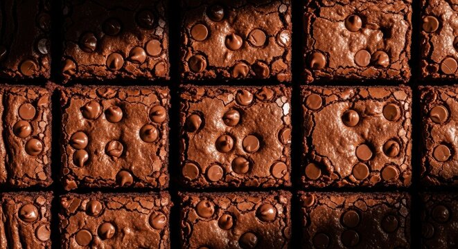 Freshly baked chocolate chip brownies in a grid pattern. Top down view of decadent fudgy squares. Rich chocolate dessert for a bakery menu. Homemade confectionery and sweet treat recipe concept