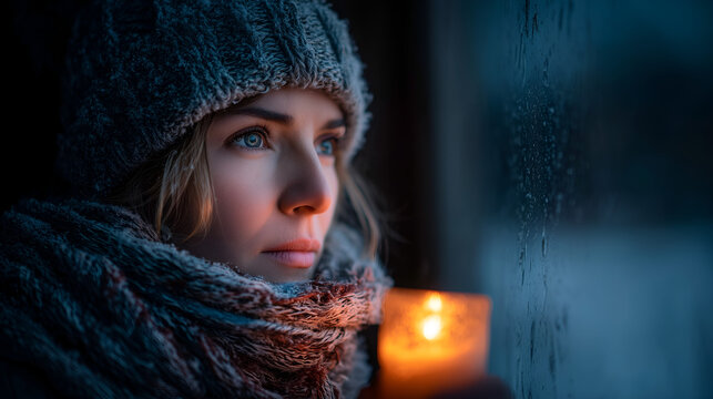 Pensive woman gazes out a rain-streaked window, holding a warm, glowing candle, evoking a sense of cozy introspection and winter calm.