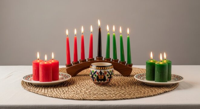 Colorful candles displayed on a woven mat for Kwanzaa celebration  