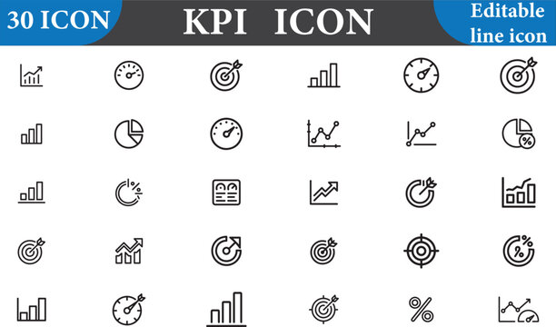 Collection of key performance indicator icons isolated on white background