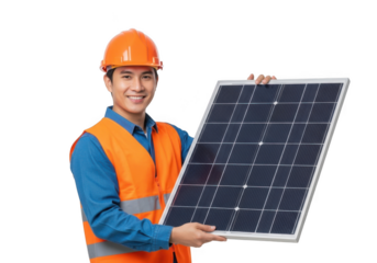Smiling technician wearing orange safety vest and helmet holding a solar panel isolated on transparent background