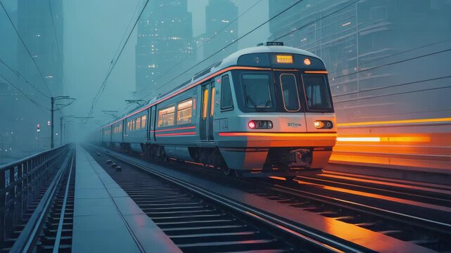 Cinematic shot of a glowing train approaching on wet railway tracks at night, neon orange lights reflecting on rails, futuristic city skyline in the mist
