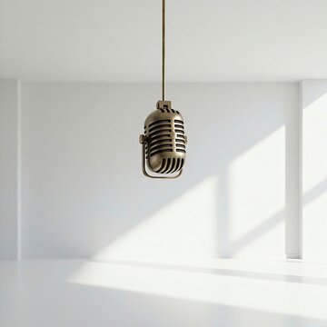 a vintage microphone hanging from the ceiling in an empty, bright white room with subtle shadows, highlighting simplicity and space for sound.