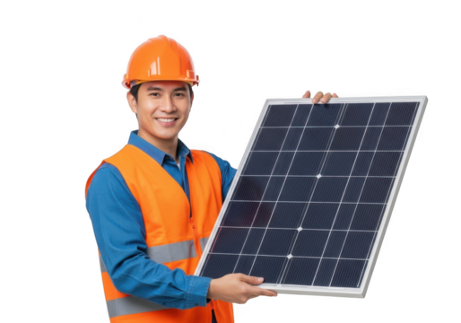 Smiling technician wearing orange safety vest and helmet holding a solar panel isolated on transparent background