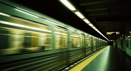 Fototapeta premium Subway train moving with speed at an underground station. Urban public transportation system. Dynamic motion blur effect showing fast travel. City life and metropolitan commute concept