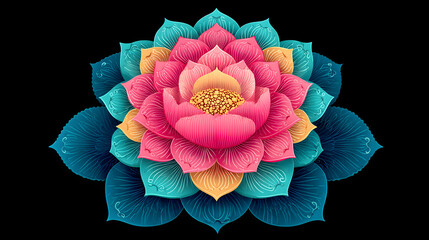 Colorful Lotus Flower Illustration on Black Background Spiritual Art.