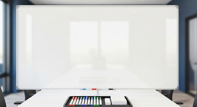 Clean Empty Whiteboard in Modern Office. empty whiteboard in a modern meeting room. Markers and an eraser are visible. Perfect for adding text or diagrams. Represents a blank slate or planning
