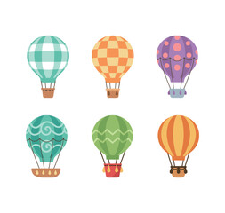 Set of colorful patterned hot air balloon icons with baskets, symbolizing travel, adventure, and freedom.