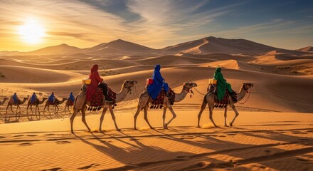 Camel caravan traveling through golden desert landscape at sunset
