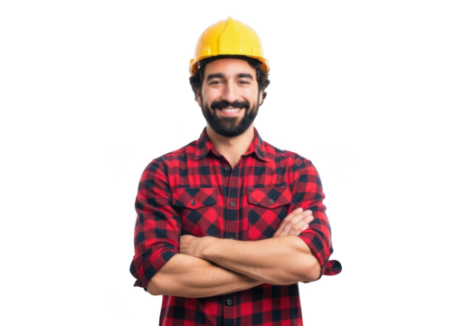 Smiling construction worker with beard wearing a red plaid shirt and yellow hard hat with arms crossed isolated on transparent background