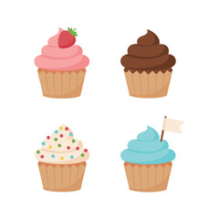 Collection of four delicious cartoon cupcake icons with various toppings, perfect for dessert and celebration.