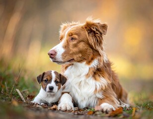 Motherly canine comforts pup in forest scene