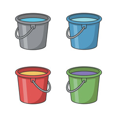 Set of colorful cartoon buckets filled with water, for cleaning, domestic, and liquid themes.
