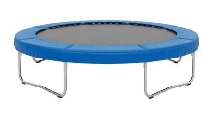 Round blue trampoline for outdoor fun and exercise isolated on transparent background