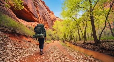 Female adult hiker with a large backpack on a wilderness trail. Solo travel and adventure tourism in a scenic canyon. Outdoor recreation and active lifestyle for wellness.
