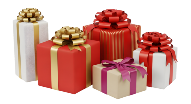 A collection of five wrapped gift boxes with festive ribbons and bows, isolated on transparent background