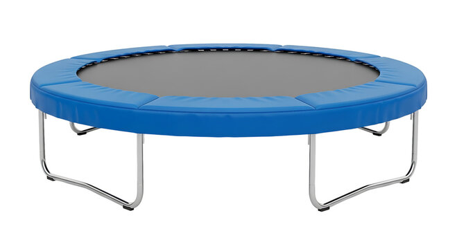 Round blue trampoline for outdoor fun and exercise isolated on transparent background