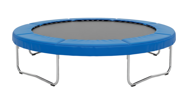 Round blue trampoline for outdoor fun and exercise isolated on transparent background