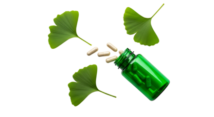 Ginkgo biloba leaves and capsules in a green bottle isolated on transparent background